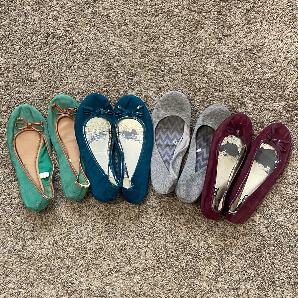 Women's Ballet Flats in Teal, Green, Gray, and Burgundy